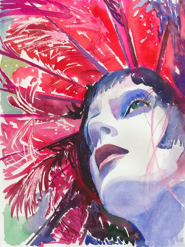 Print of Watercolour Fashion Illustration. 13" x 19" Titled: Red Feathers