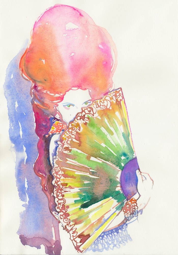 Print of Watercolour Fashion Illustration. Titled - Belle.