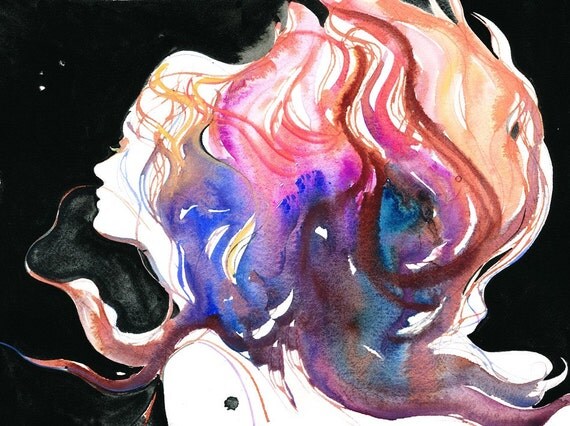 Watercolor Painting, Print of Watercolor Fashion Illustration. Titled: Rainbow Wind
