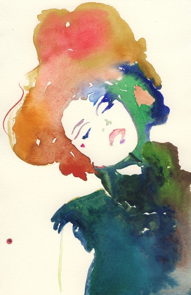 Print of Watercolor Fashion Illustration. Titled - Model ink 5 twins 13" x19"