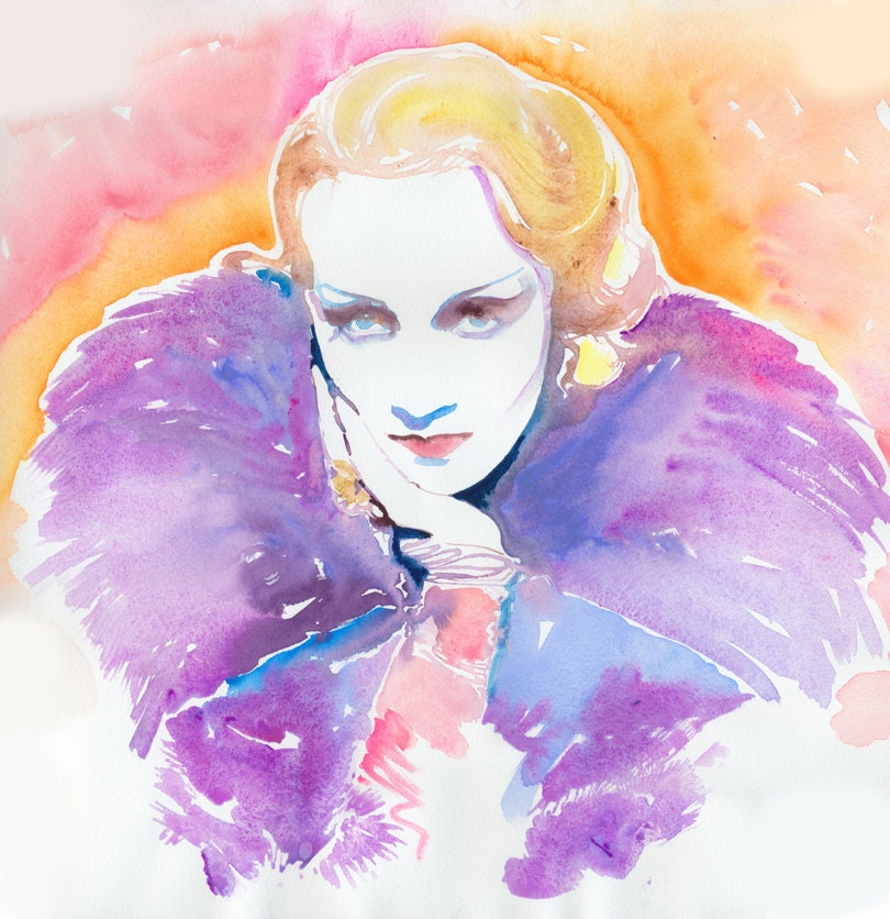Original Watercolour Painting, Portrait Painting of Marlene Dietrich. Titled: Marlene
