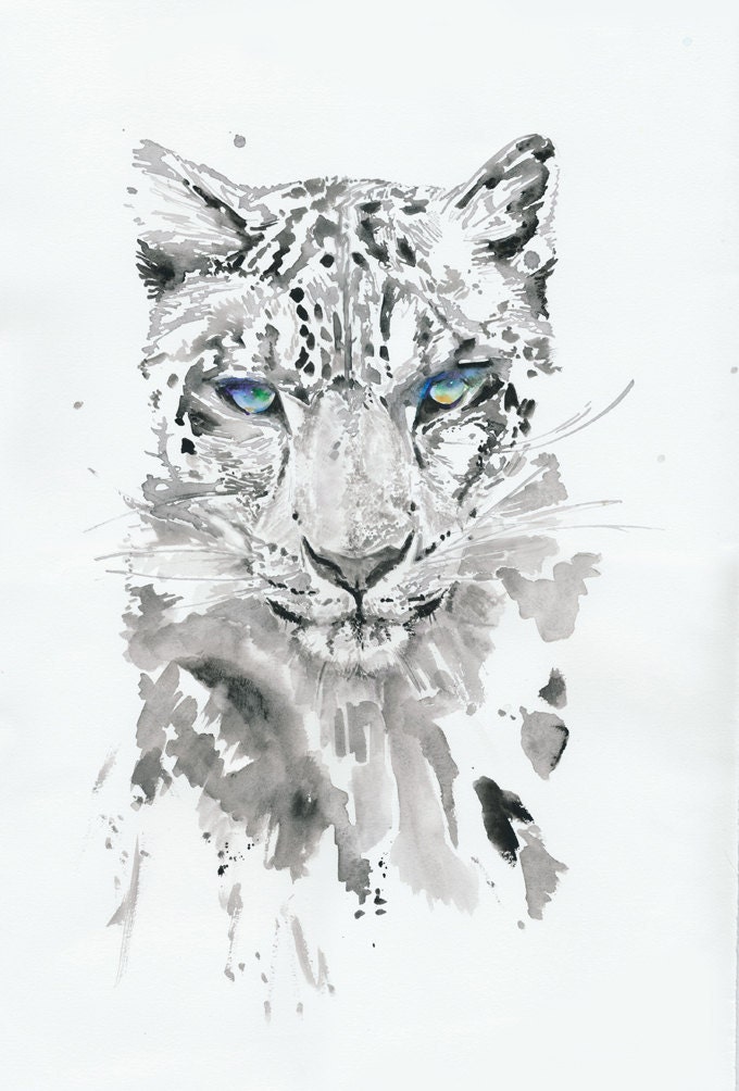 Original Watercolor Painting of leopard, Watercolour Illustration of white leopard, titled:leopard3