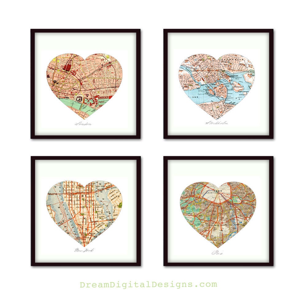 CUSTOM Map Art - 4 Personalized Art Prints for Wedding Gift Anniversary - Vintage Heart Map Wall Decor