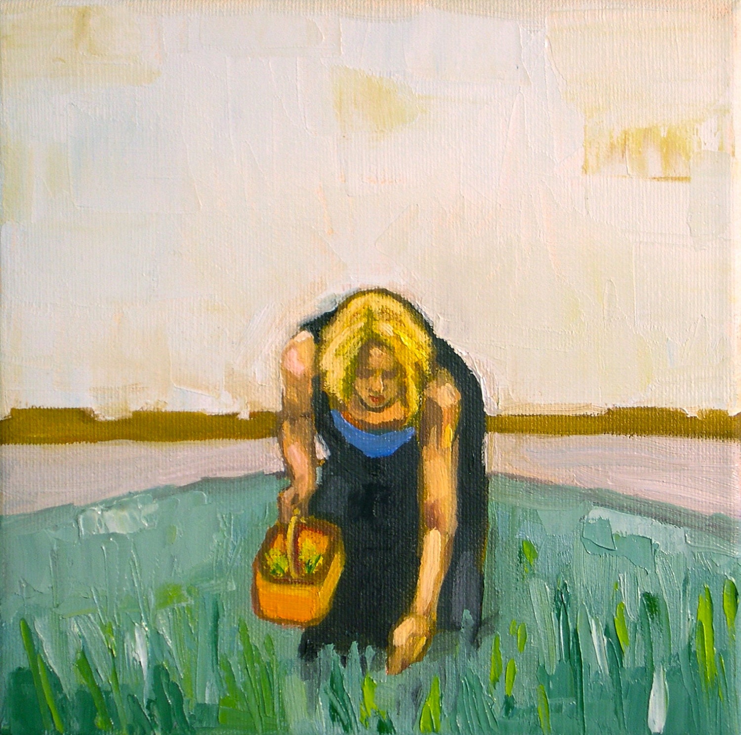 In the Fields- 8x8 Original Oil Painting on Canvas- Figure, Field, Landscape