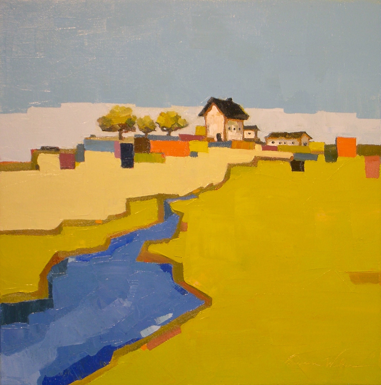 Bright River- Original Oil Painting, 16x16- Farm, Landscape