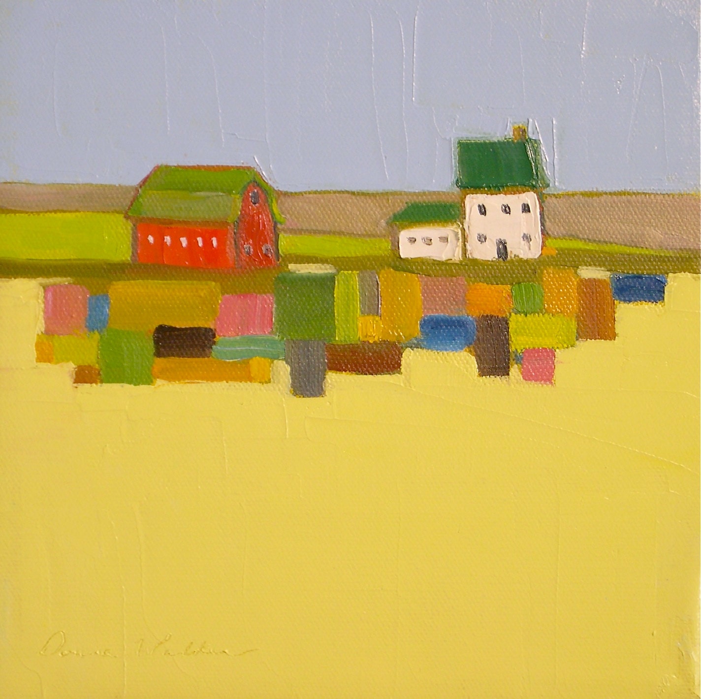 Quilted Land V- 8x8 Original Oil Painting on Canvas- Red Barn, Farm, Landscape