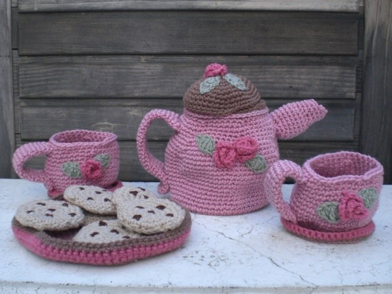 Crochet Tea Set for Two FREE SHIPPING by cuteasabuttontoys on Etsy