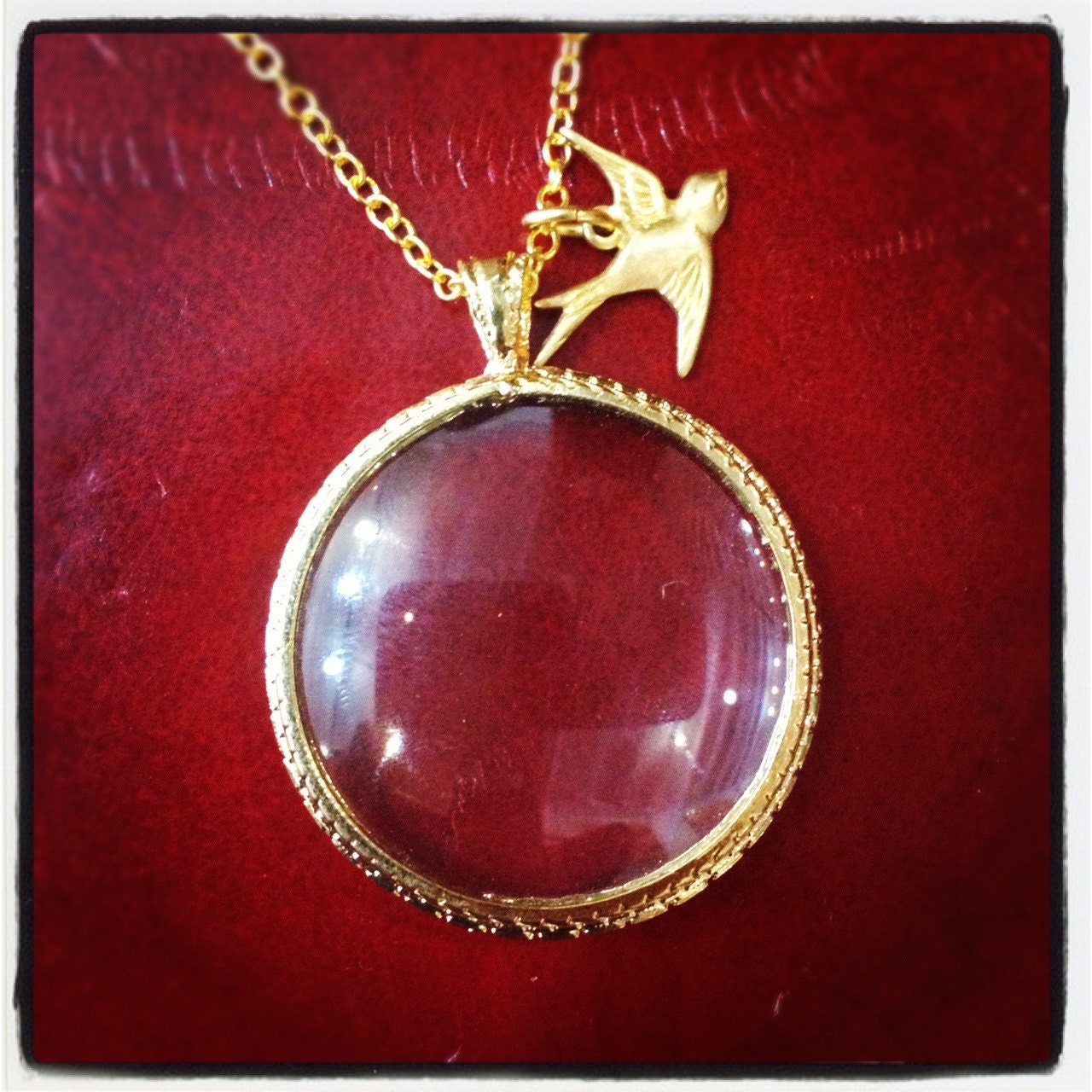 Shiny Gold Monocle Necklace MEDIUM size with Cute little Sparrow