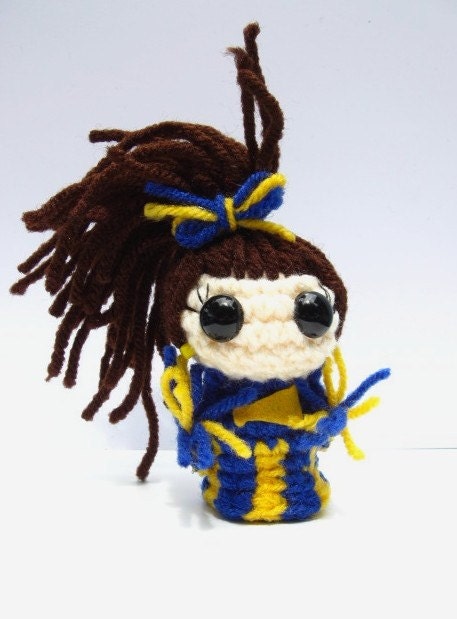 Tiny Cheerleader Girl crocheted doll Blue and Gold