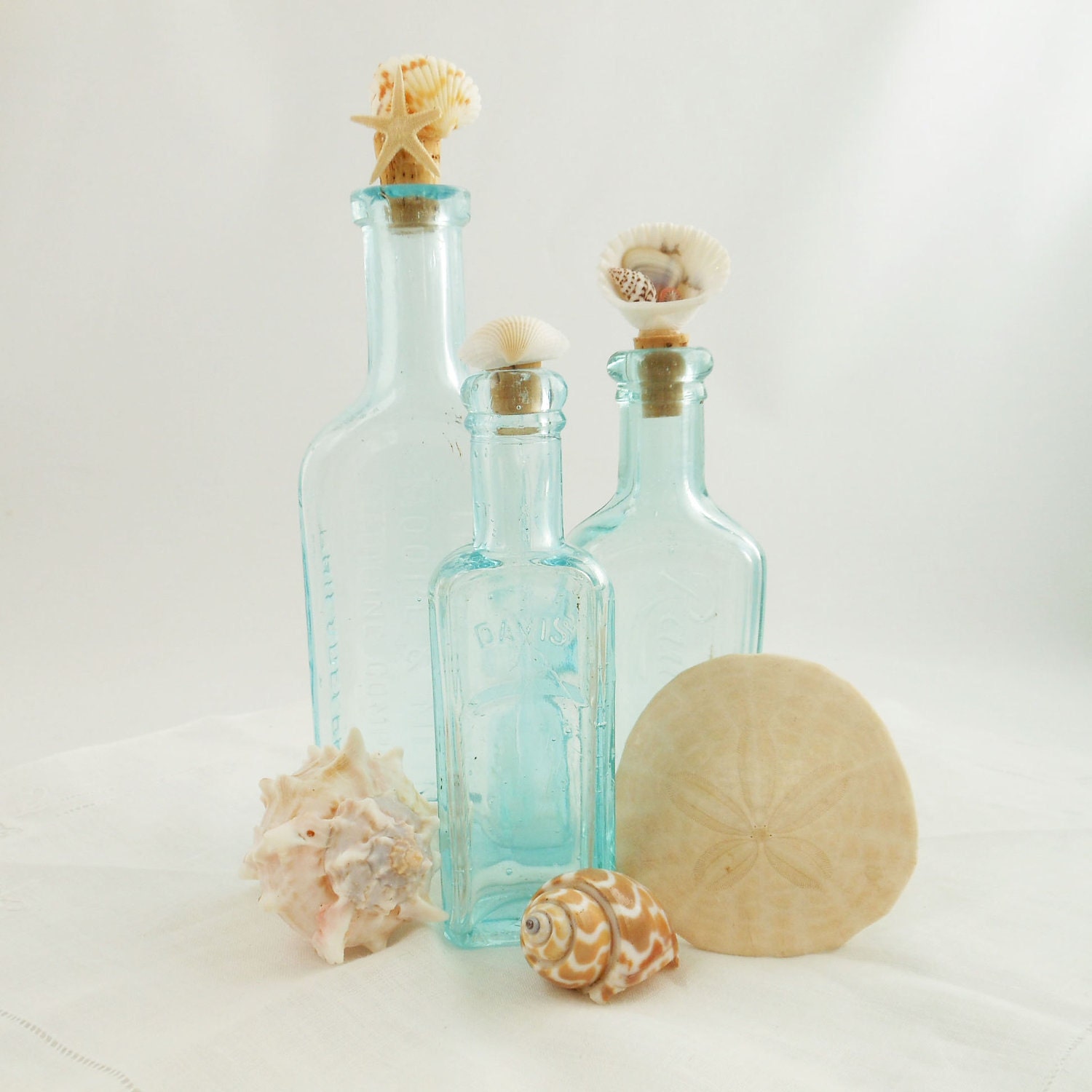 Vintage Apothecary Bottles - Aqua Bottles - Shell Embellisment Bottles