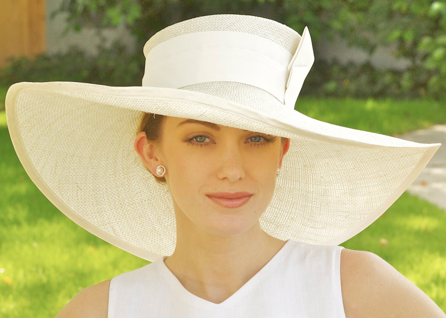 Wide Brim Cream Straw Hat. Kentucky Derby, Church Wedding