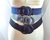 3 stretchy cinch Belt / 1980s vintage Blue Grey Black stretchy wide belt wearable art Set of 3