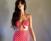 Tie front red polka dot high waist  bikini swimsuit