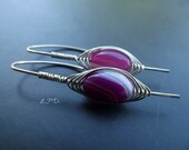 Herringbone Earrings In Sterling Silver With Pink Agate Stone
