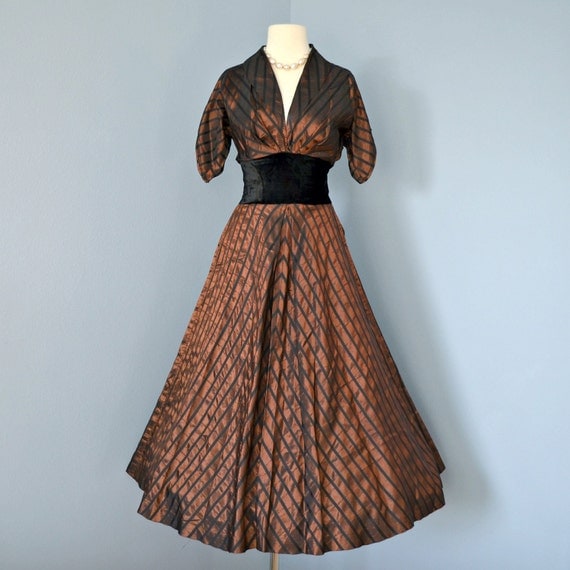Vintage Taffeta Party Dress...Beautiful 1950s Brown Taffeta Ankle Length Party Dress Cocktail Dress