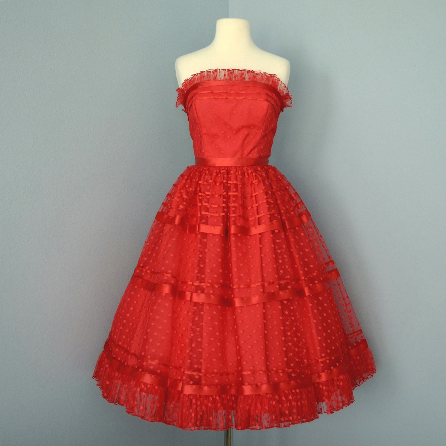 Vintage Red Tulle Prom Dress...Beautiful 1960's Strapless Mike Benet ...