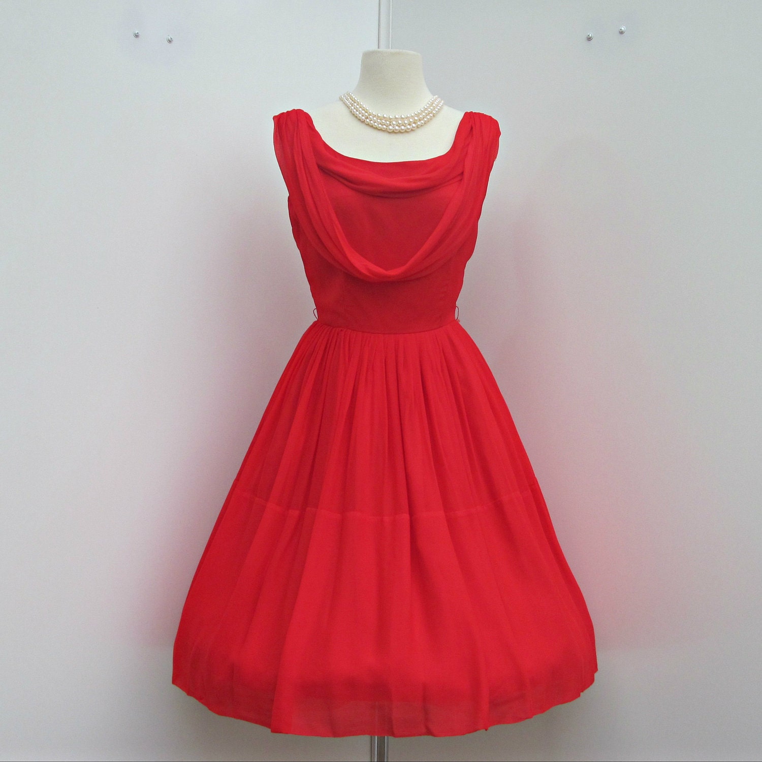 Vintage 1960's Party Dress...Vintage Scarlet Red Park Crest Chiffon Party Dress Cocktail Dress Mad Men