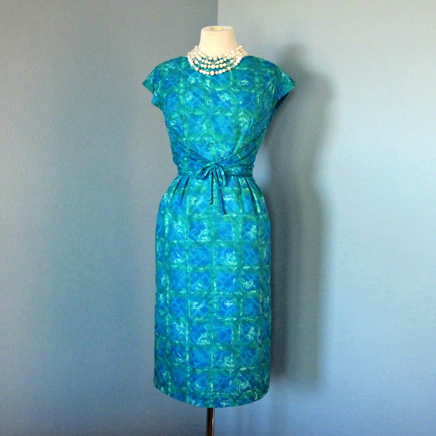 Vintage Turquoise Cotton Day Dress...Brilliant Turquoise and Green 1960s Mort Schrader Cotton Day Dress Cocktail Dress Wiggle Dress