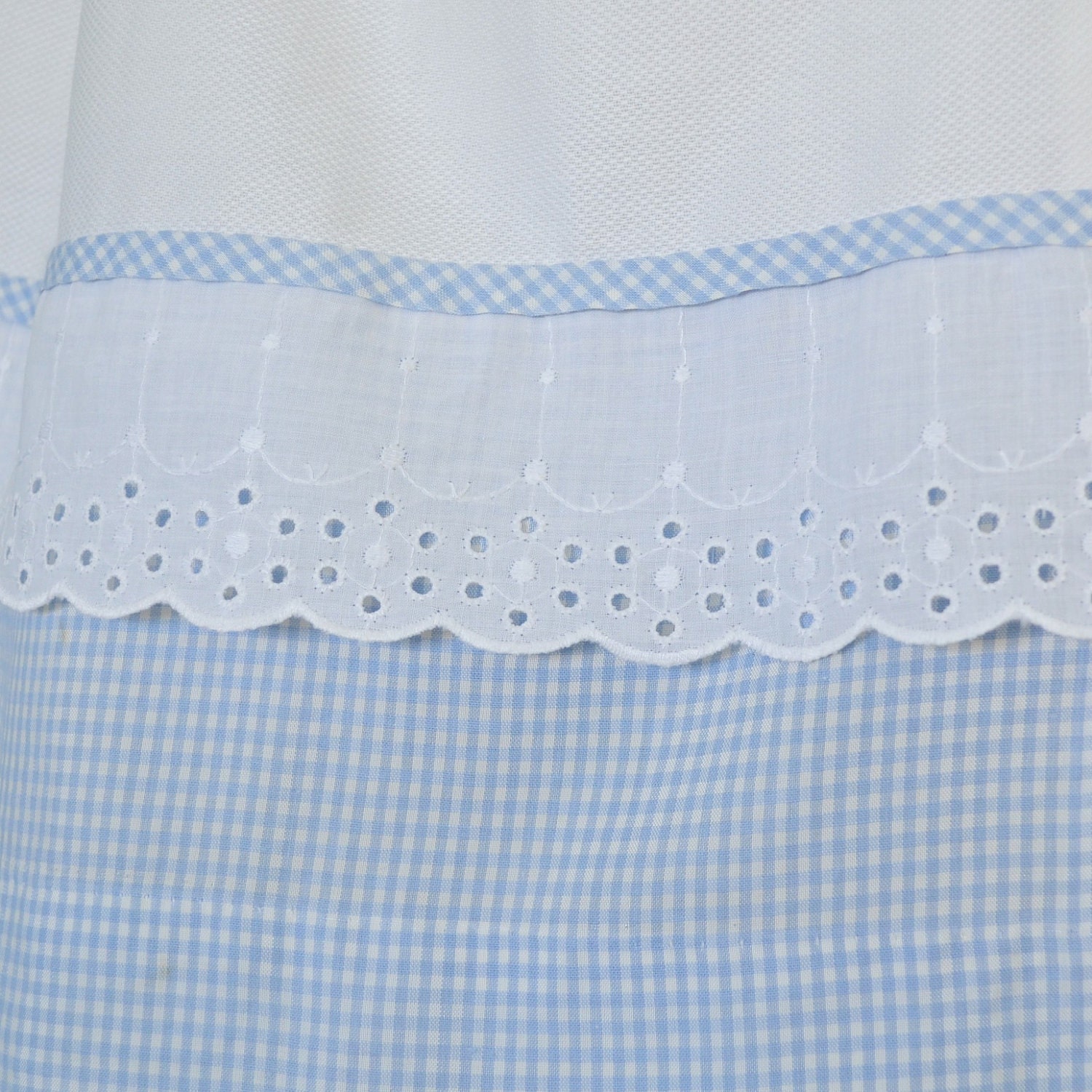 RESERVED FOR MICHELLE Vintage Cotton Dress...1960's Short White Embossed Cotton Lois Ann Jrs. Dress Blue Gingham and Eyelet Lace
