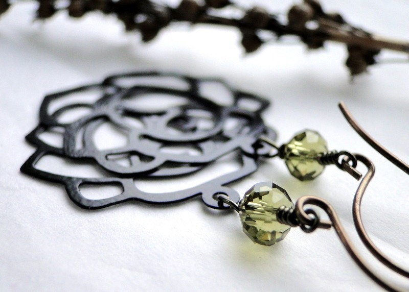 SPRING SALE - Matt Black Lace Earrings with Spring Crystals