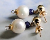 SPRING SALE - Jewelry Earrings Freshwater Pearl and Faceted Sapphire Earrings