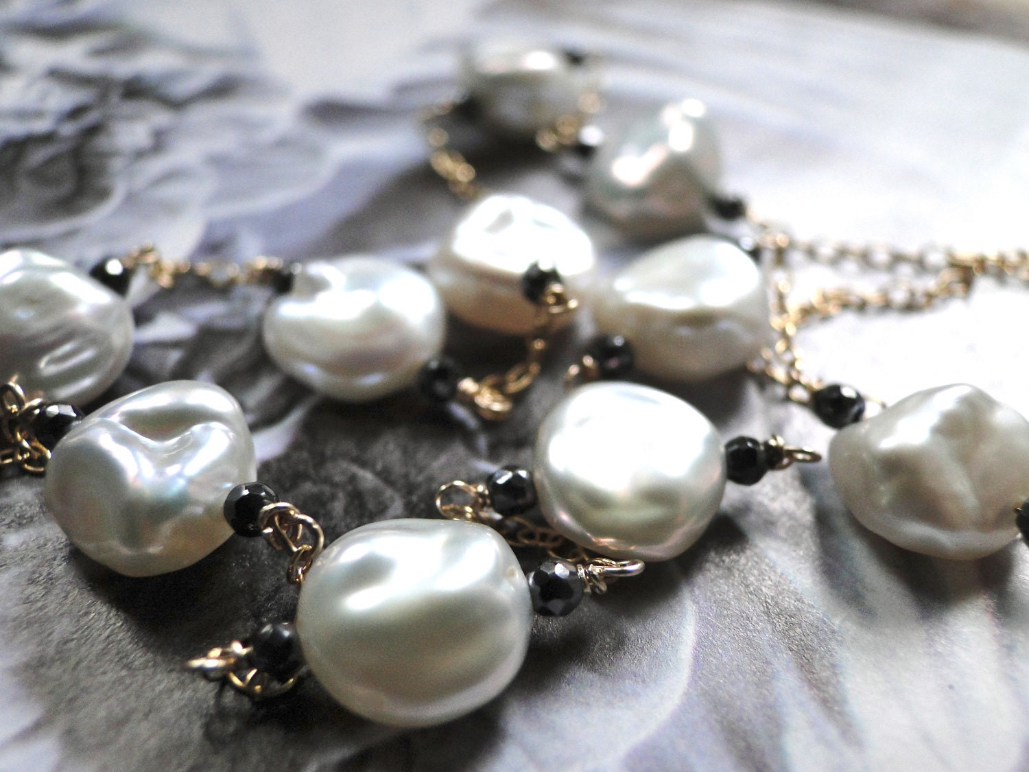 AAA Quality Freshwater Pearl and Hematite, Runway, 14kt gold Necklace, Creamy White Pearls, Gemstone Necklace, Holiday Gift