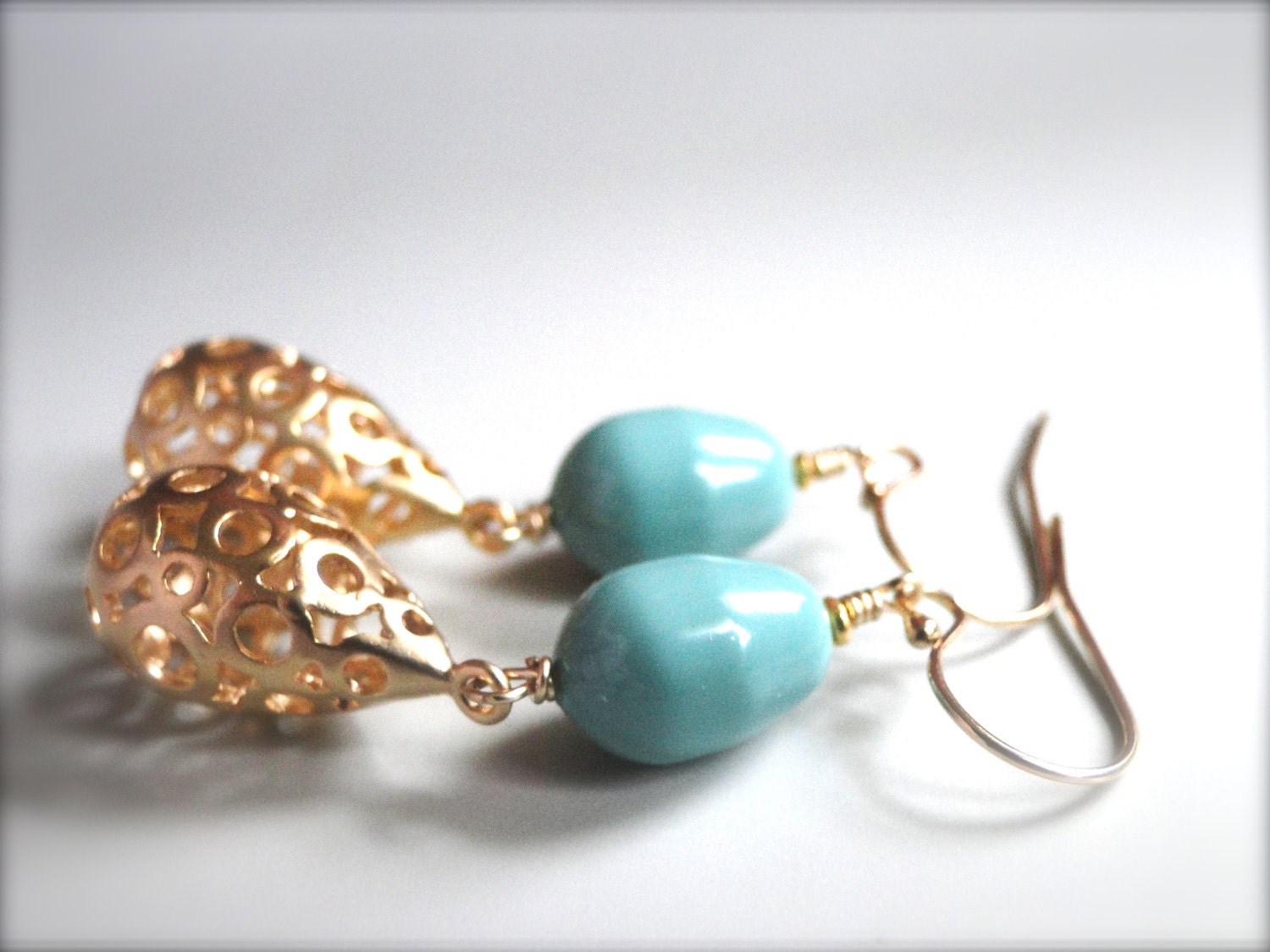 Earrings, Gifts for Her, Luxe Swarovski Pearls and Gold Plated Textured Bauble, Aqua Blue Pearl