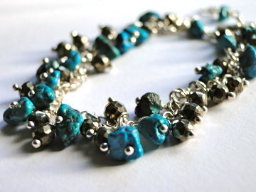 Autumn, Raw Turquoise, Pyrite Gemstone and Sterling Silver Bracelet, BOHO CHIC Jewelry, Gift for Her