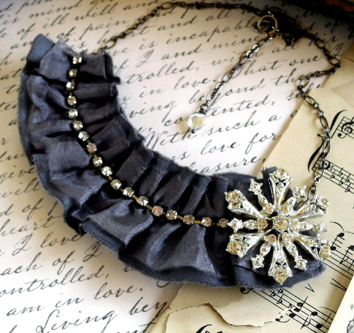 Starry Starry Night Grey Silk Wool and Rhinestone Bib Necklace