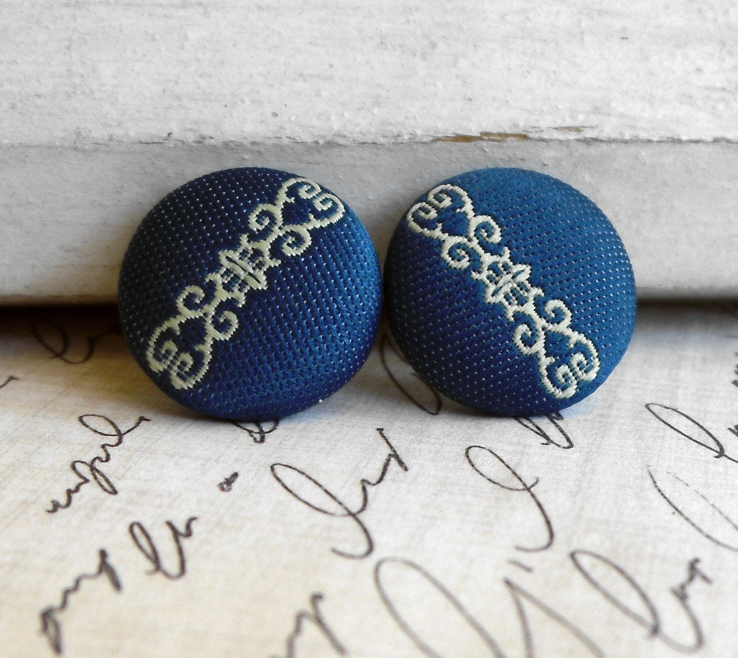 Navy Scroll Retro Fabric Brocade Button Earrings