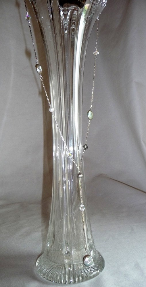 Lovely Elegant Grey Coin Pearl and Swarovski Crystal Sterling Silver Necklace