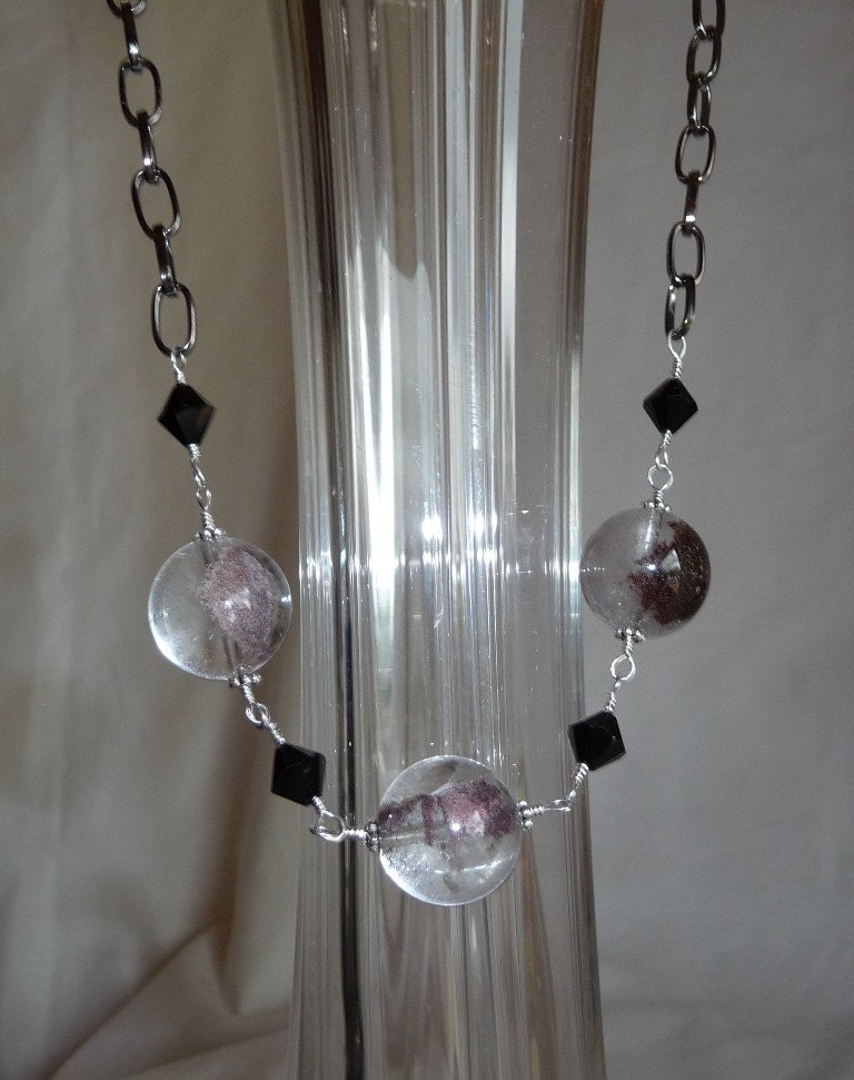 Necklace with Three Eye Catching Quartz Globes and Black Swarovski Crystals on Heavy Dark Silver Chain