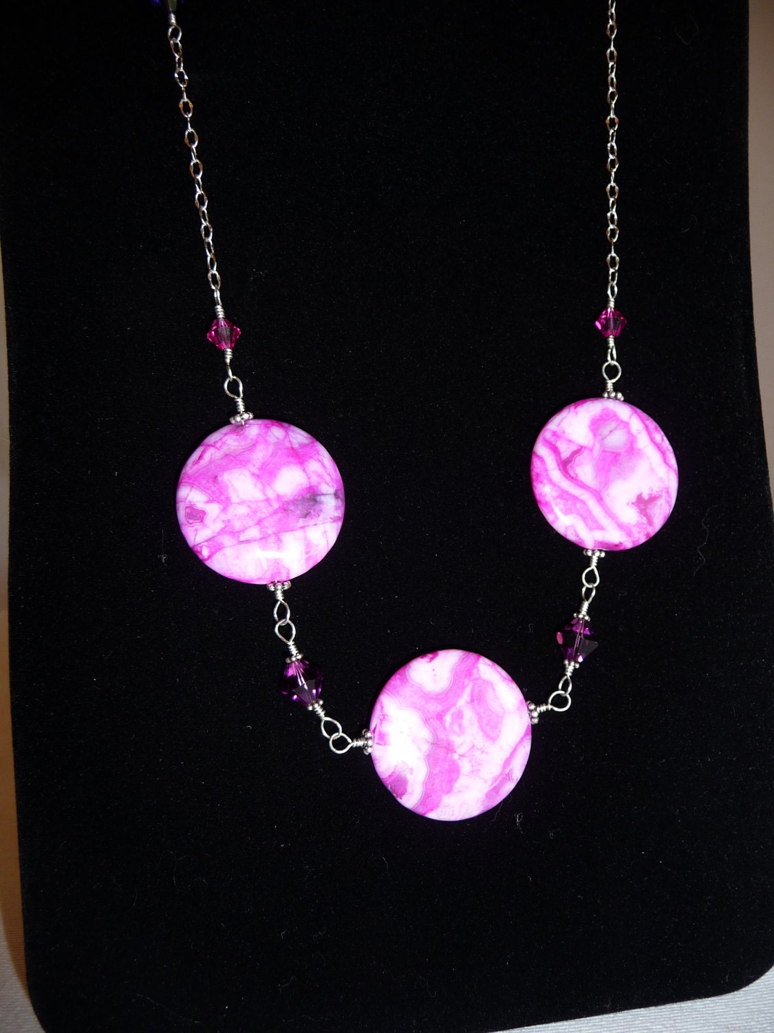 Marbeled Hot Pink and Shades of Pink 1 1/4" Quartz Discs with Swarovski Crystals on SIlver Chain Necklace