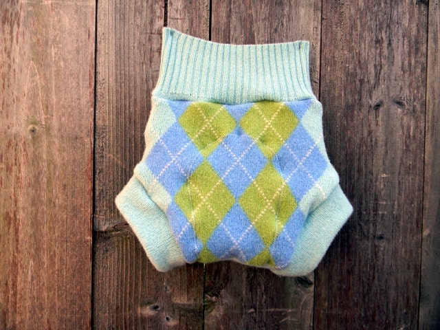 Upcycled Wool Soaker Cover Diaper Cover With Added Doubler Aqua Blue With Argyle Pattern LARGE Kidsgogreen