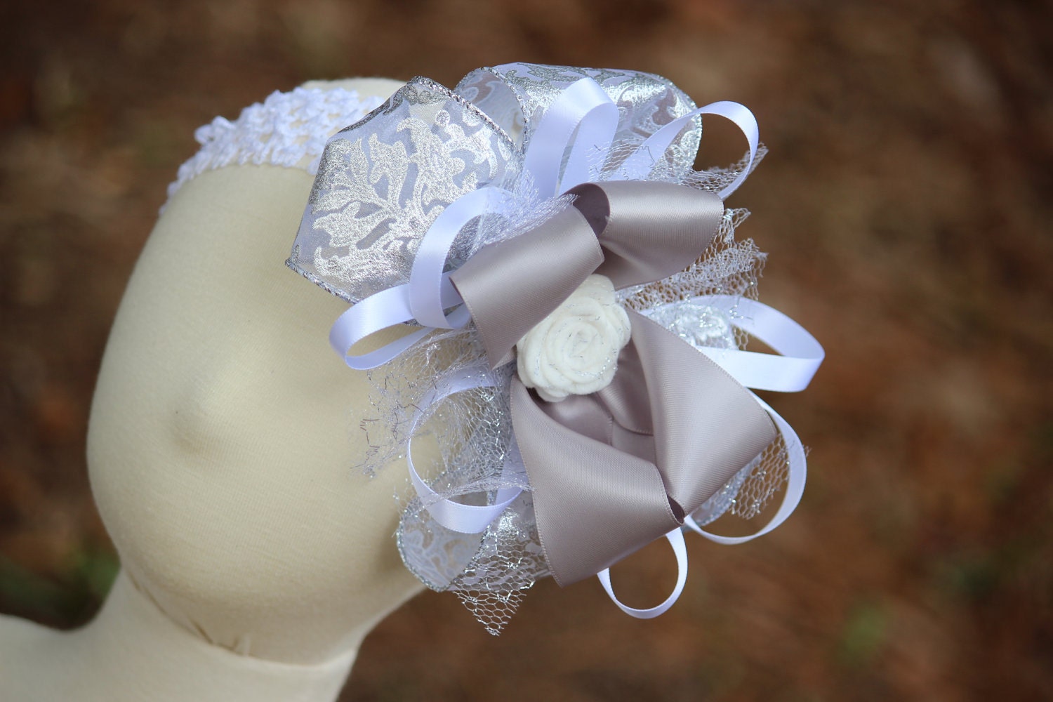 Silver Damask Over the Top Hair Bow