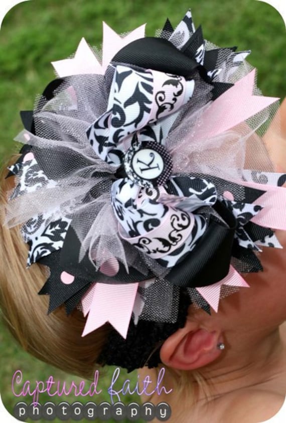 Damask Light Pink Dot Over-the-Top HAIR BOW with customizable initial center