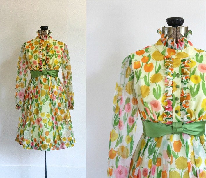 vintage 1960s mini dress 60s yellow floral long sleeve ruffle mod mini spring party dress / poppy field