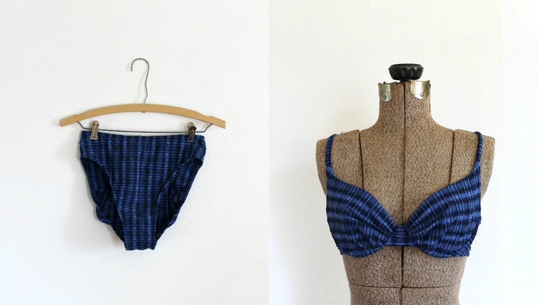 plaid vintage bikini 1960s style navy blue plaid two piece bathing suit / picnic lake