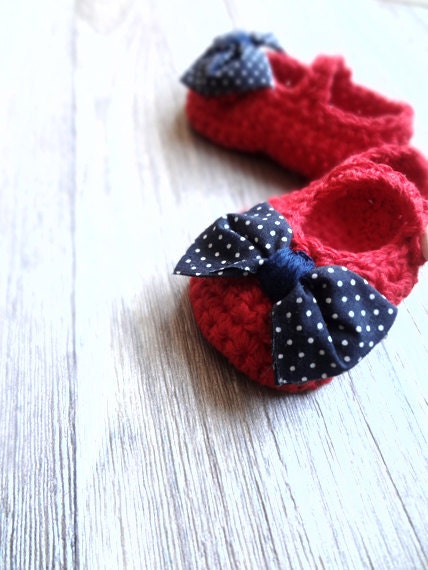 Nautical Red with Navy white Polka Dot Bow Tie Baby Girl Booties
