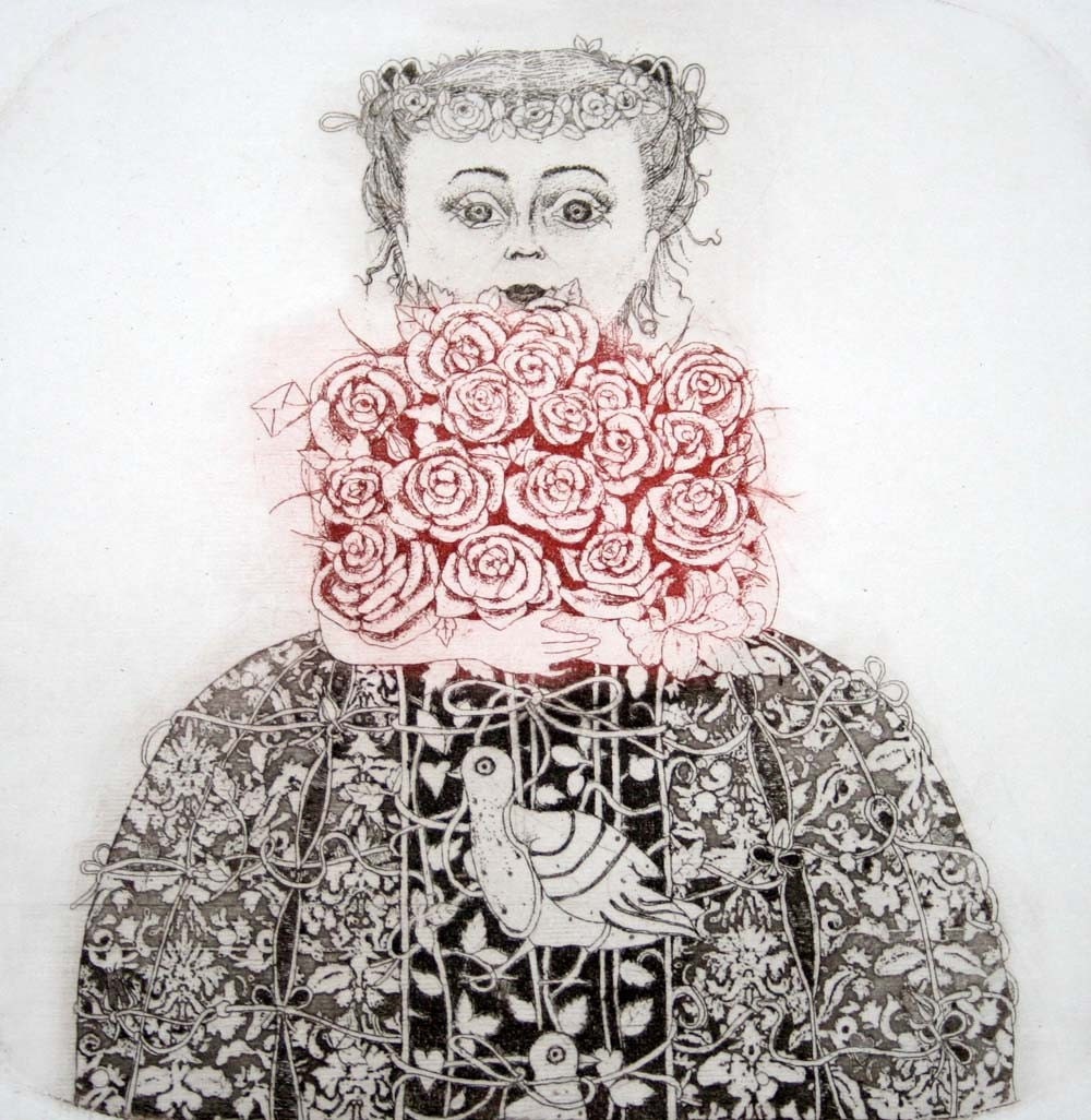 Girl carrying flowers - original etching