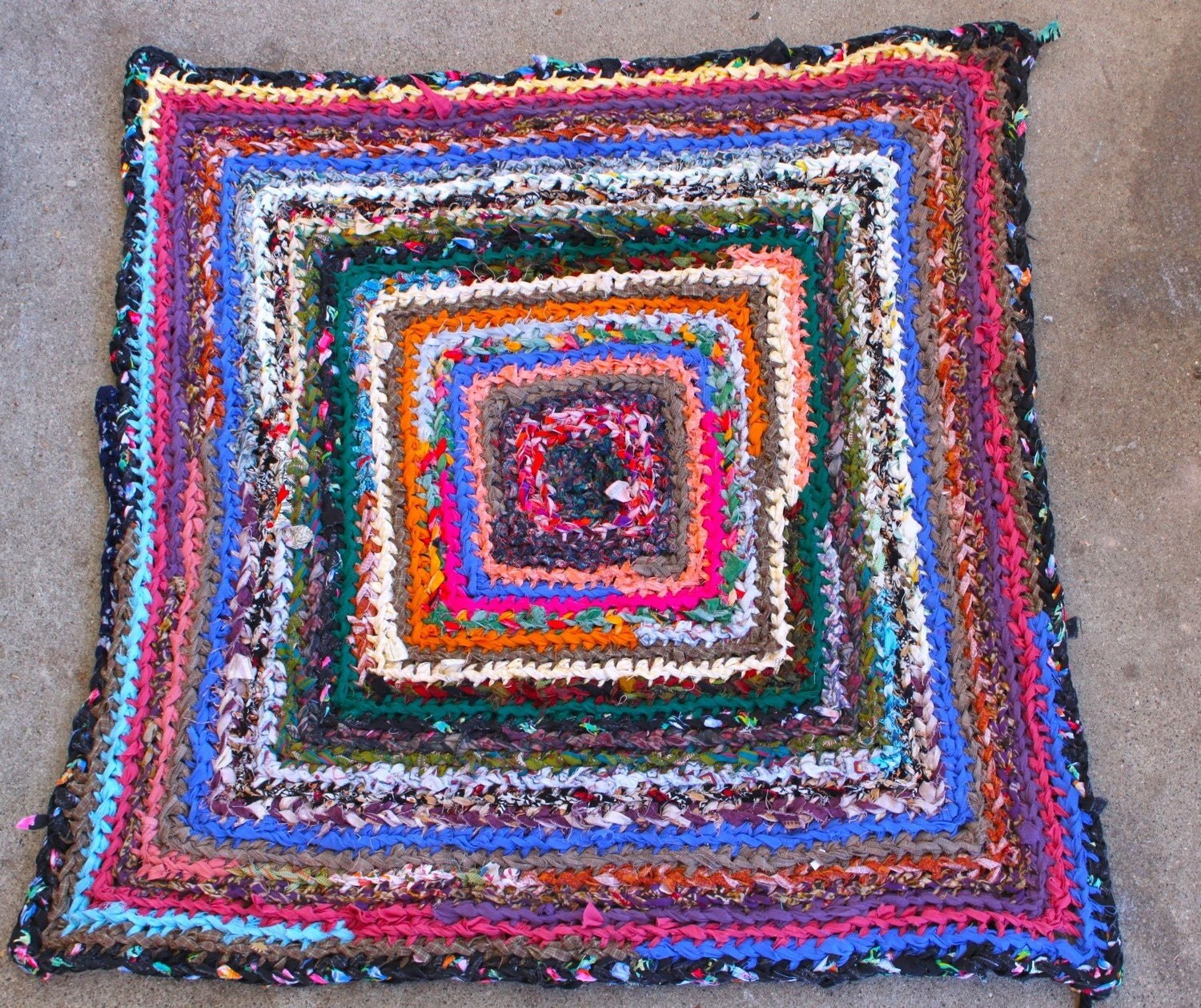 square recycled fabric rag rug by BraveHandTextiles on Etsy