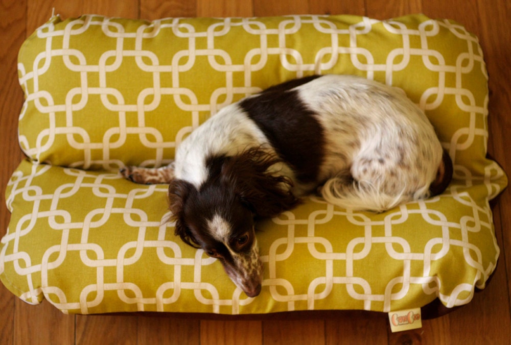 Deluxe Bunbed Dog bed for Dachshunds and other small dogs - Modern Green squares