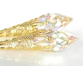 Clear Crystal Earrings 14K Gold Fill Clear Aurora Borealis Swarovski Crystal Earrings Gold Filigree Earrings - DorotaJewelry