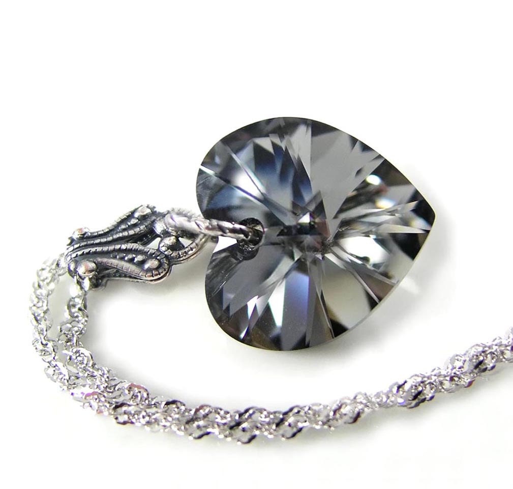 Platinum Gray Heart Necklace Aurora Swarovski Crystal Heart Pendant Necklace Satin Grey Heart Necklace