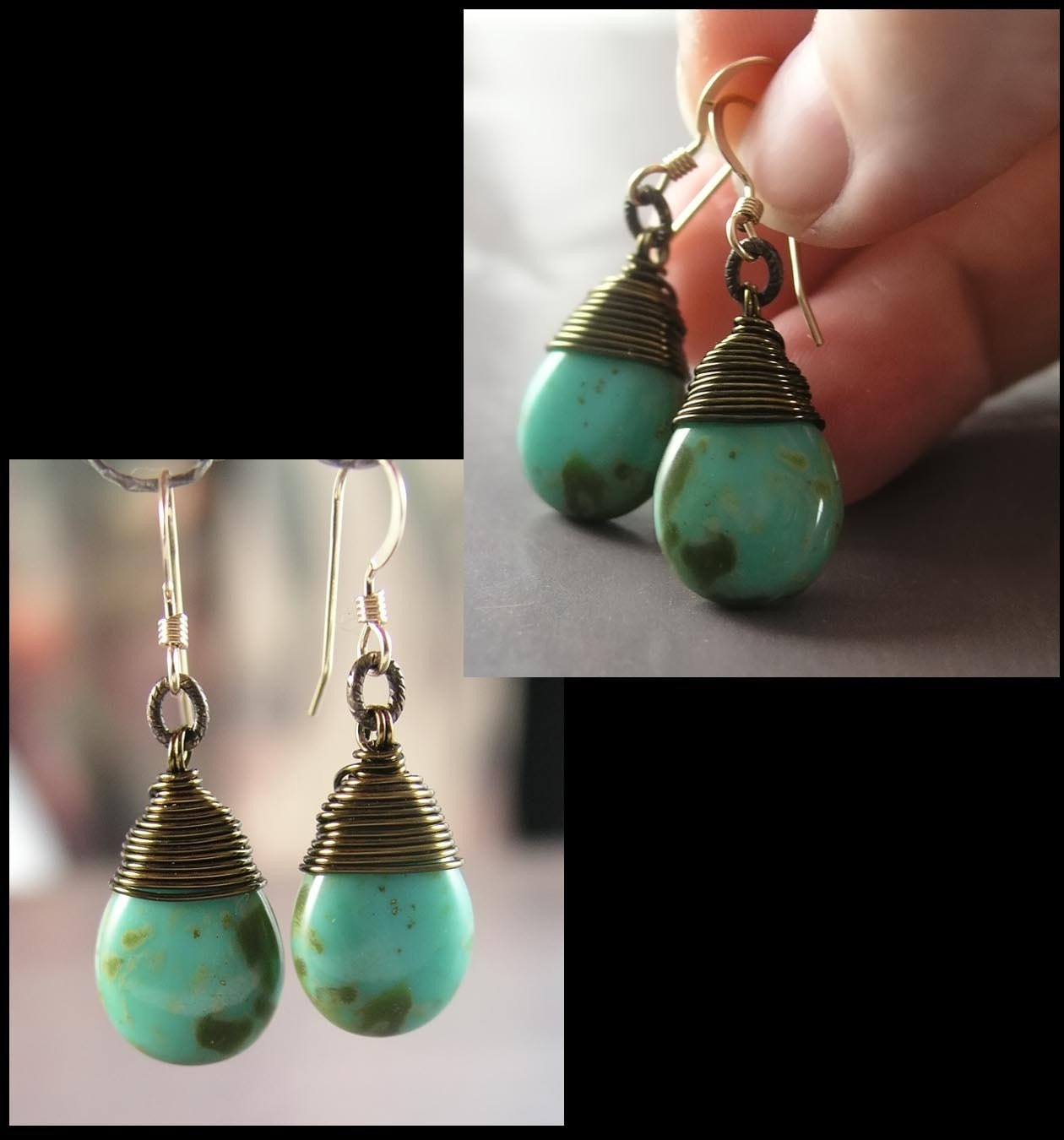 Turquoise Earrings Czech Blue Green Glass Antique Brass Blue Earrings 14K Gold Fill December Birthstone