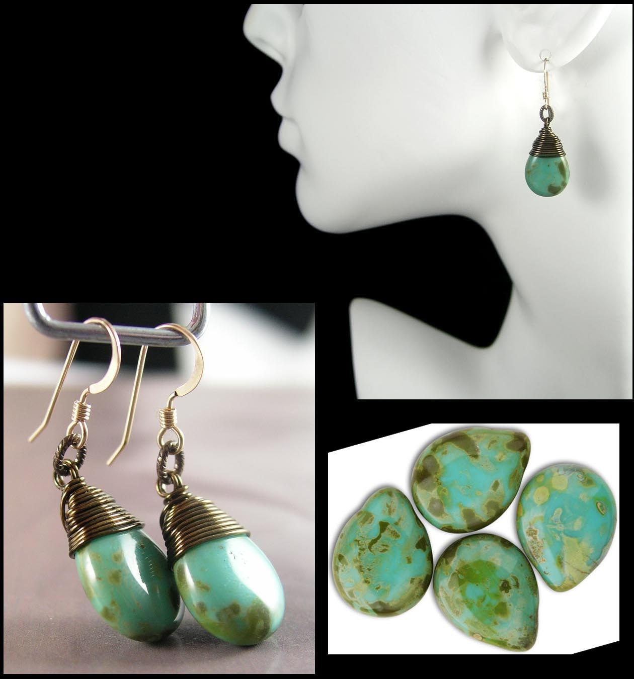 Turquoise Earrings Czech Blue Green Glass Antique Brass Blue Earrings 14K Gold Fill December Birthstone