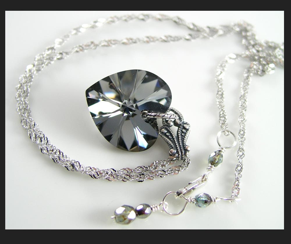 Platinum Gray Heart Necklace Aurora Swarovski Crystal Heart Pendant Necklace Satin Grey Heart Necklace