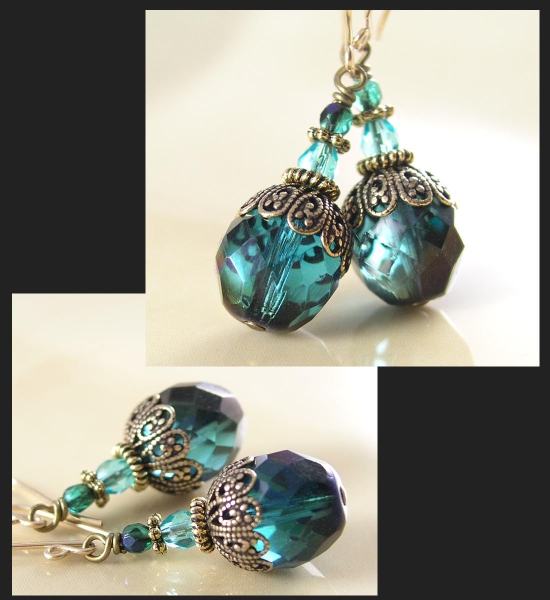 Aqua Emerald Earrings Antique Gold Brass Earrings Blue Green Earrings Vintage Czech Glass Drop Earrings