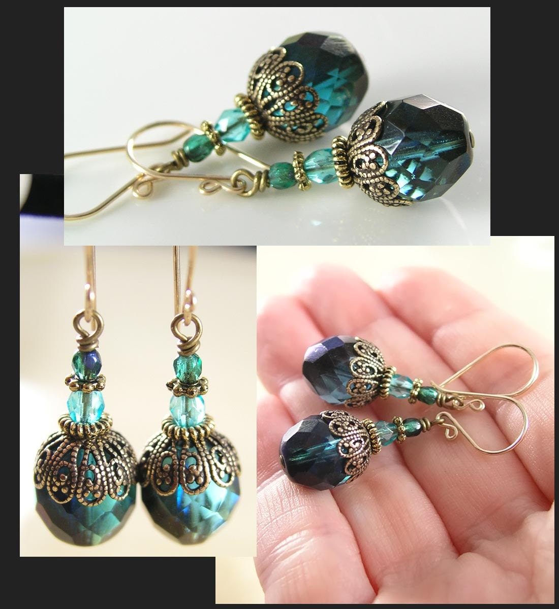 Aqua Emerald Earrings Antique Gold Brass Earrings Blue Green Earrings Vintage Czech Glass Drop Earrings