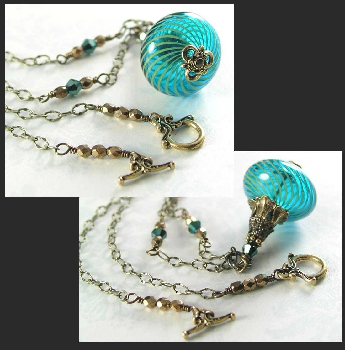 Blue Necklace Hand Blown Teal Aqua Blue Glass Pendant Necklace Antique Gold Necklace Vintage Blue